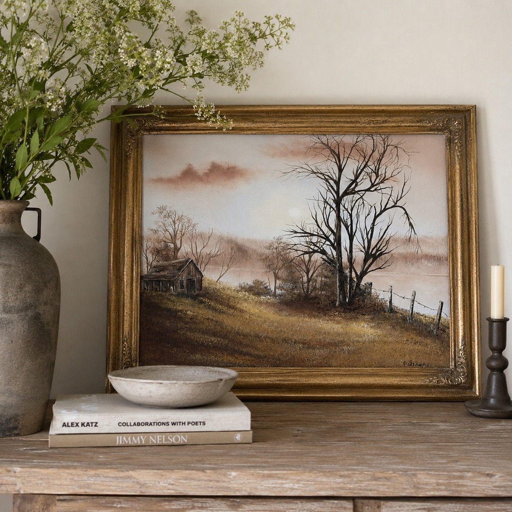Gold Framed Barn Landscape Oil Painting Dark Academia Vintage 12x16